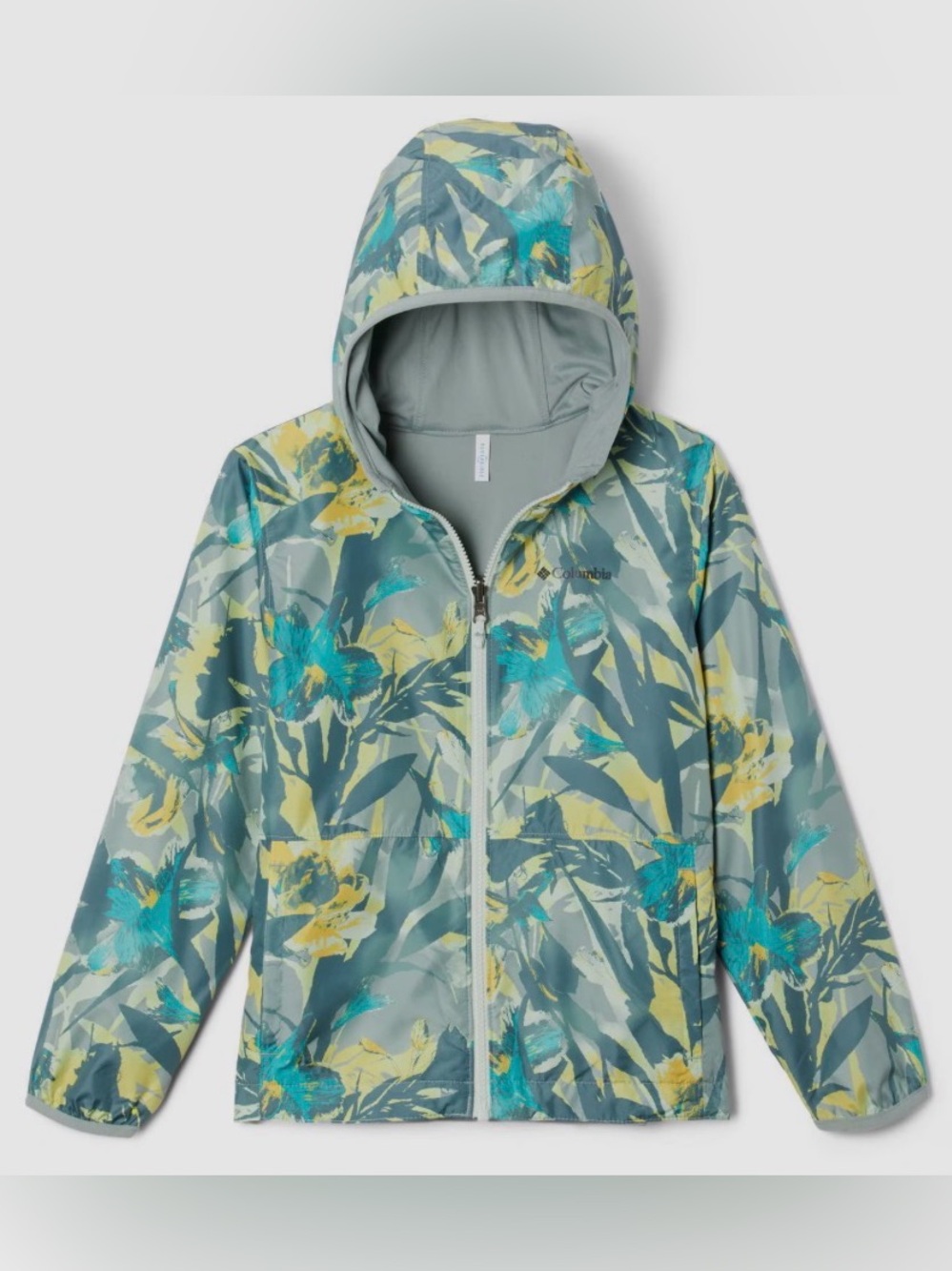 Columbia Girls' Teal, Yellow & Aqua Floral Hooded Rain Jacket